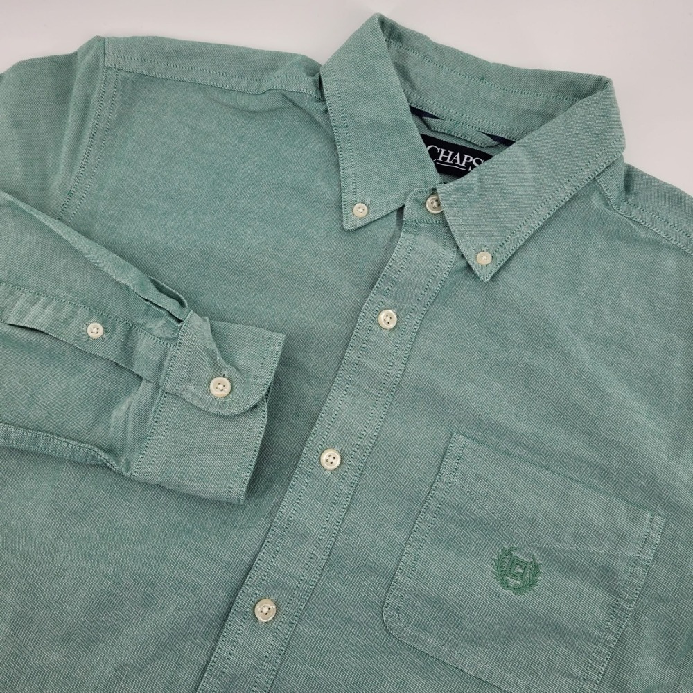Chaps Mens M Green Stretch Oxford Button Down Long Sleeve Shirt Preppy Office